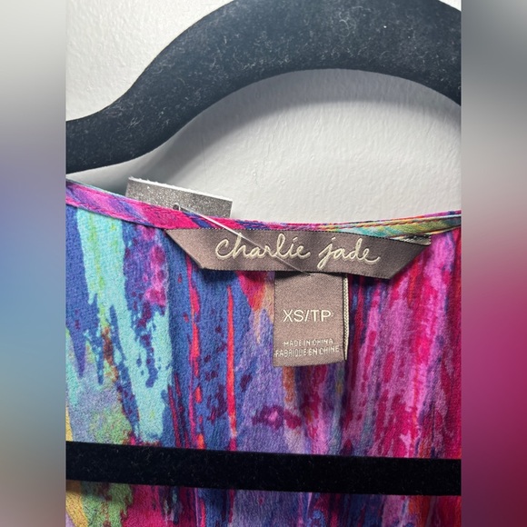 Charlie Jade Women's Multicolor 100% Silk Belted Faux Wrap Dress Size XS - Picture 7 of 9